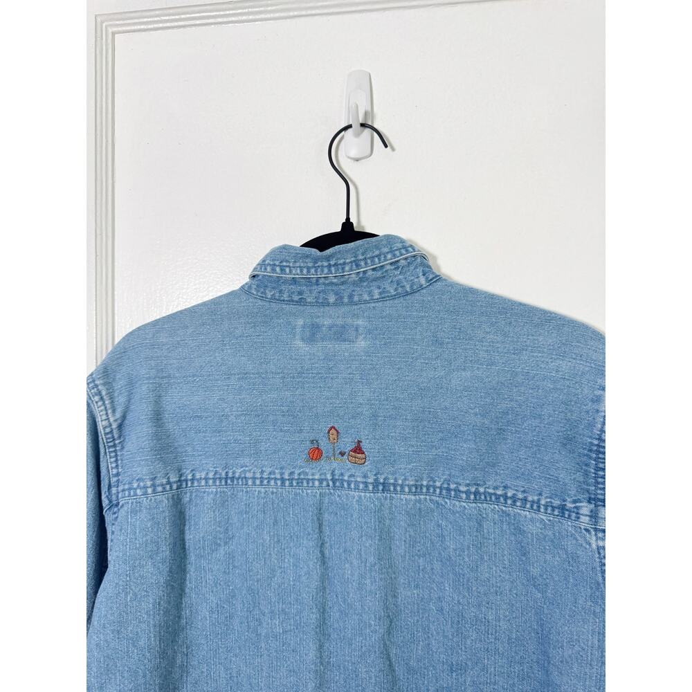 Vintage Collared Denim Button Down Shirt Embroidered Fall Motif Pumpkins Autumn - Picture 14 of 16